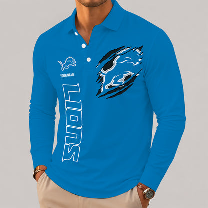 [SPECIAL OFFER] NEW CUSTOMIZED NFL04 DTL DETROIT LIONS LONG SLEEVE POLO SHIRT