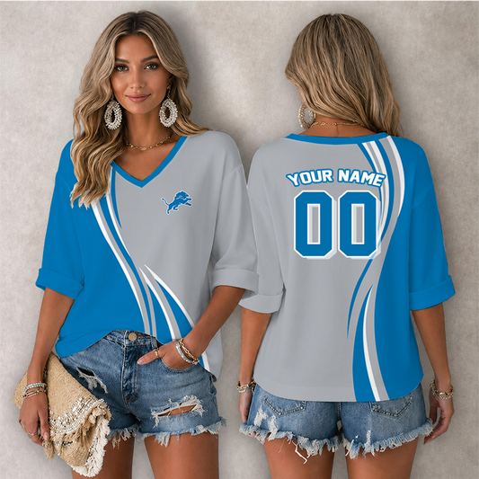[SPECIAL OFFER] NEW CUSTOMIZED NFL04 DTL DETROIT LIONS WOMEN'S HEART V-NECK LONG SLEEVE SHIRT