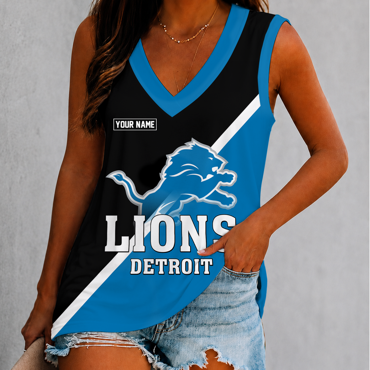 [SPECIAL OFFER] NEW CUSTOMIZED NFL04 DTL DETROIT LIONS WOMEN'S V-NECK TANK TOP