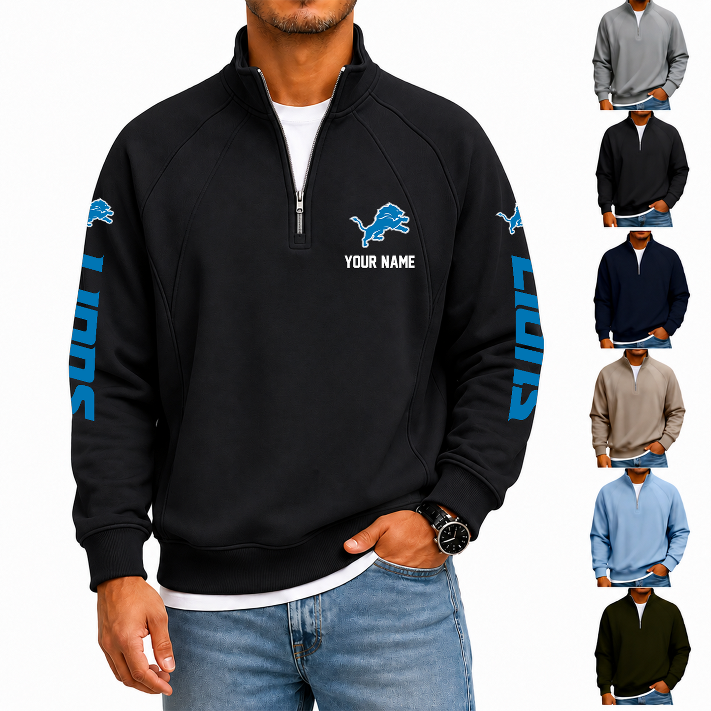 [SPECIAL OFFER] NEW CUSTOMIZED NFL04 DTL DETROIT LIONS MEN'S QUARTER ZIP PULLOVER