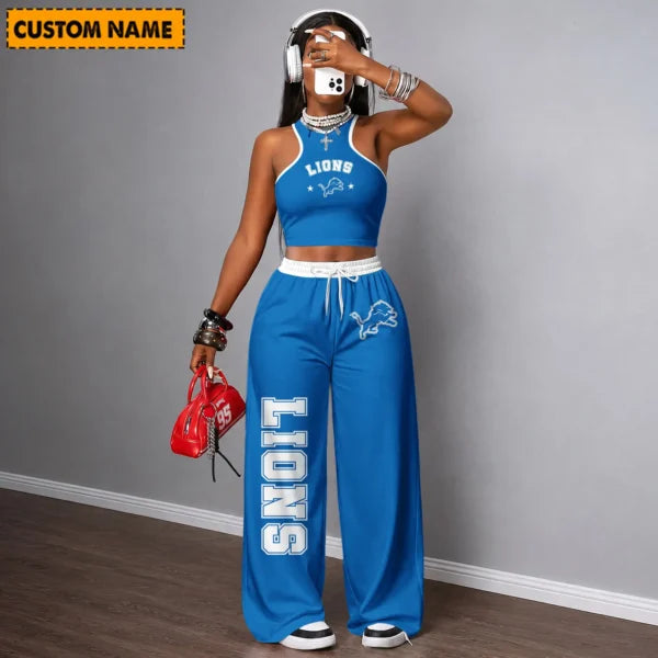 [SPECIAL OFFER] NEW CUSTOMIZED NFL04 DTL DETROIT LIONS WOMEN'S CROP TOP & LONGPANTS SET