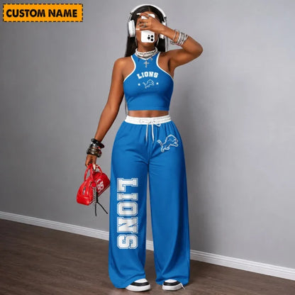 [SPECIAL OFFER] NEW CUSTOMIZED NFL04 DTL DETROIT LIONS WOMEN'S CROP TOP & LONGPANTS SET