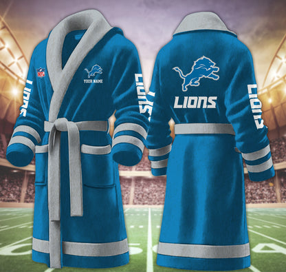 [SPECIAL OFFER] NEW CUSTOMIZED NFL04 DTL DETROIT LIONS MULTICOLOR FLEECE BATHROBE