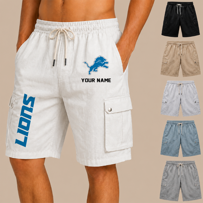 [SPECIAL OFFER] NEW CUSTOMIZED NFL04 DTL DETROIT LIONS MEN'S DRAWSTRING CARGO SHORTS