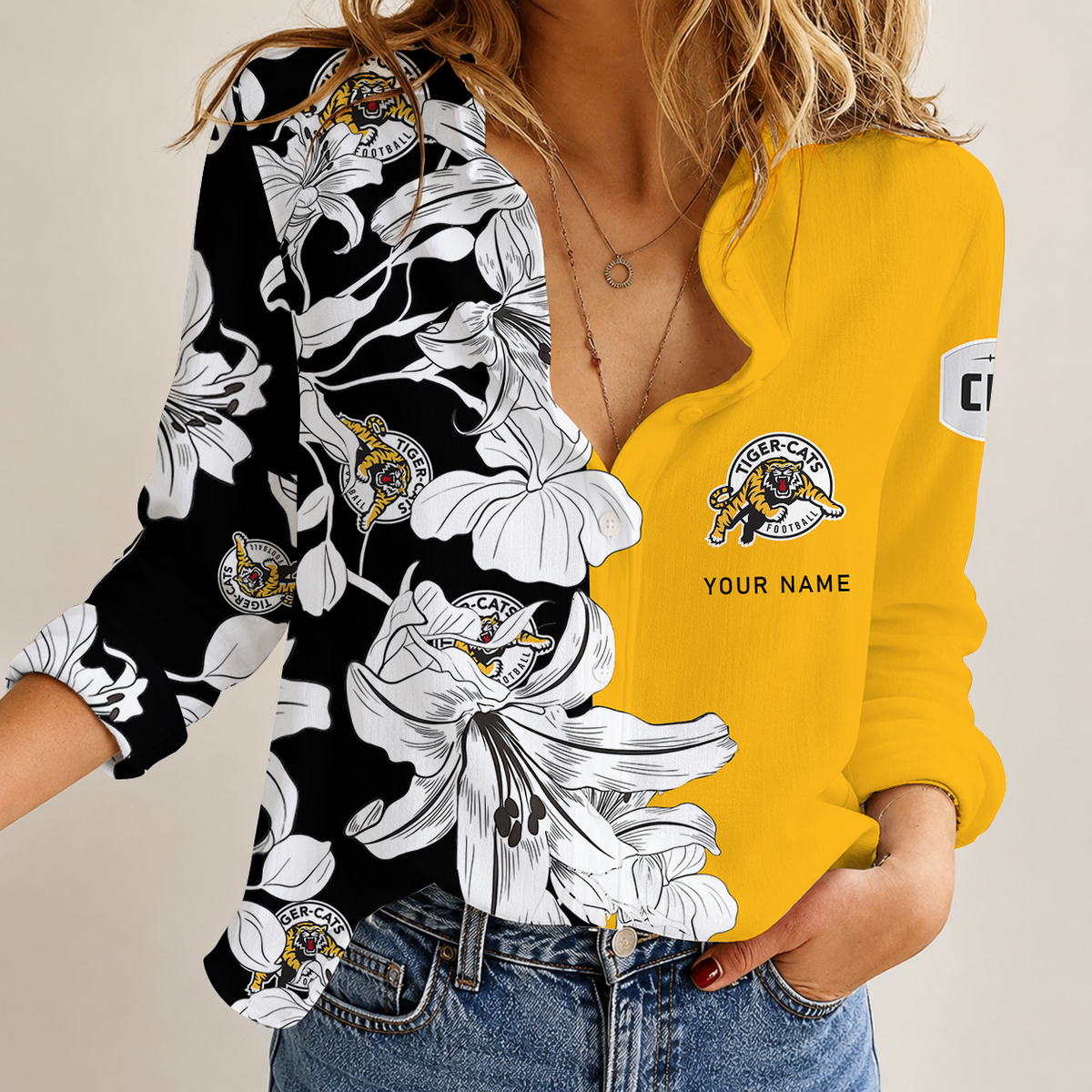 [FAN EXCLUSIVE] NEW CUSTOMIZED CFL04 HAM HAMILTON TIGER-CATS STRAPPY WOMEN CASUAL SHIRT