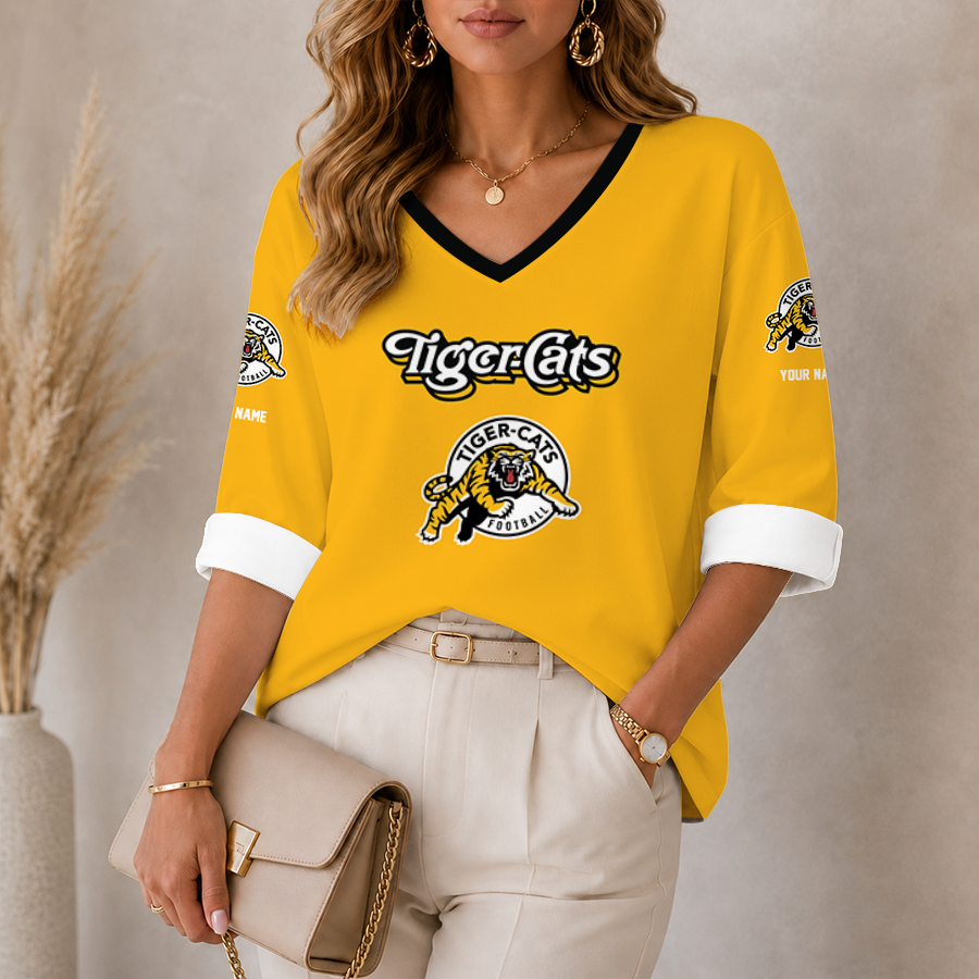 [FAN EXCLUSIVE] NEW CUSTOMIZED CFL04 HAM HAMILTON TIGER-CATS STRAPPY WOMEN'S HEART V-NECK LONG SLEEVE SHIRT