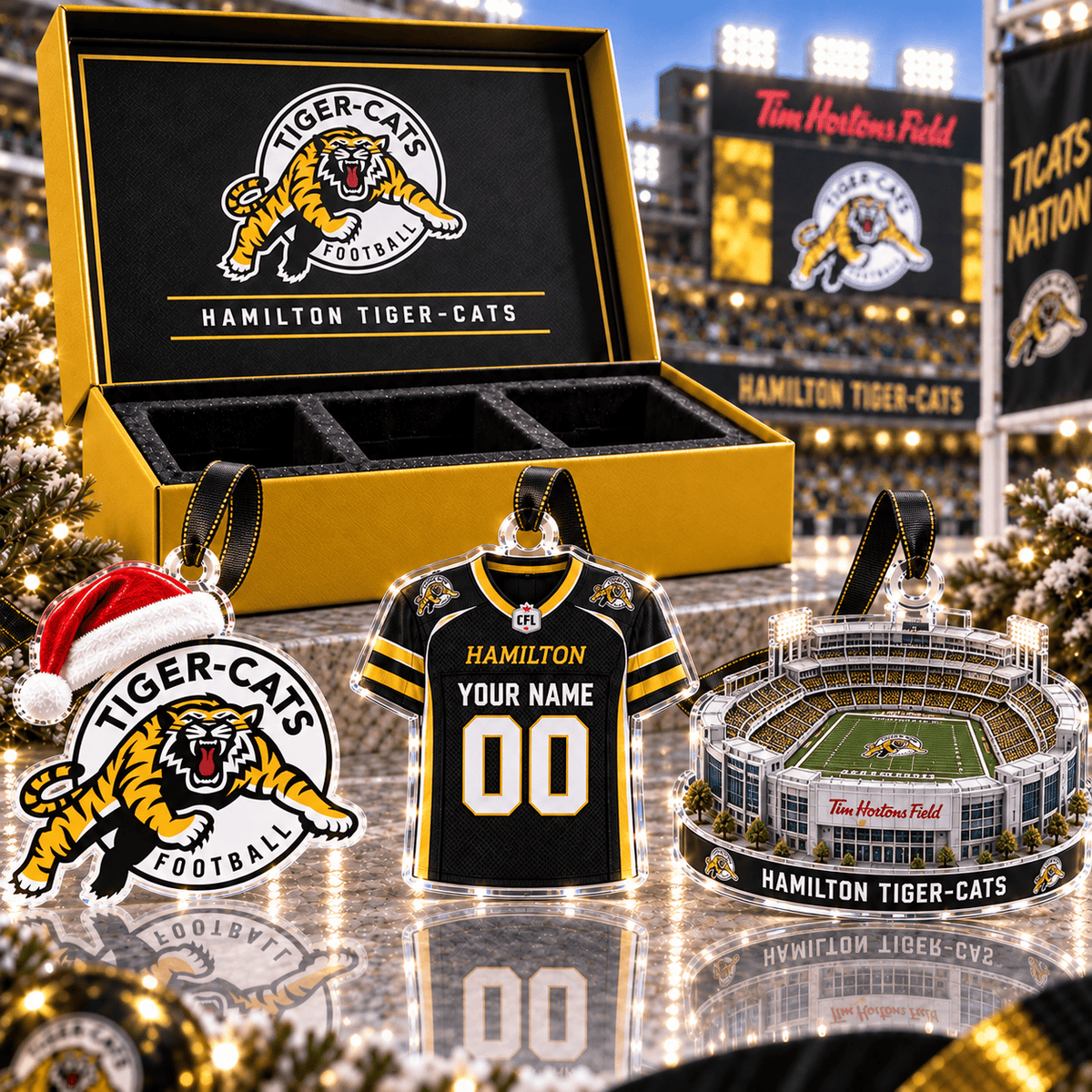 [FULL SET 3 ITEMS - NO BOX] NEW CUSTOMIZED CFL04 HAM HAMILTON TIGER-CATS CHRISTMAS ACRYLIC ORNAMENT