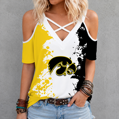[FAN FAVORITE] NEW CUSTOMIZED NCAA CFH04 IWH IOWA HAWKEYES CRISS CROSS V-NECK TOP