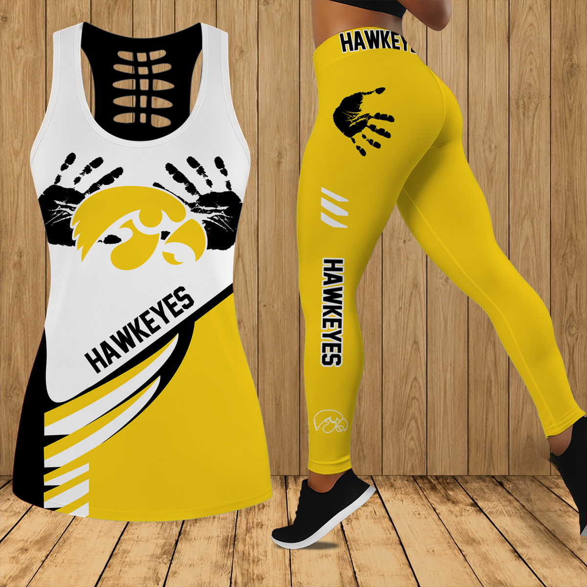 [FAN FAVORITE] NEW CUSTOMIZED NCAA CFH04 IWH IOWA HAWKEYES HOLLOW TANK TOP & LEGGINGS SET
