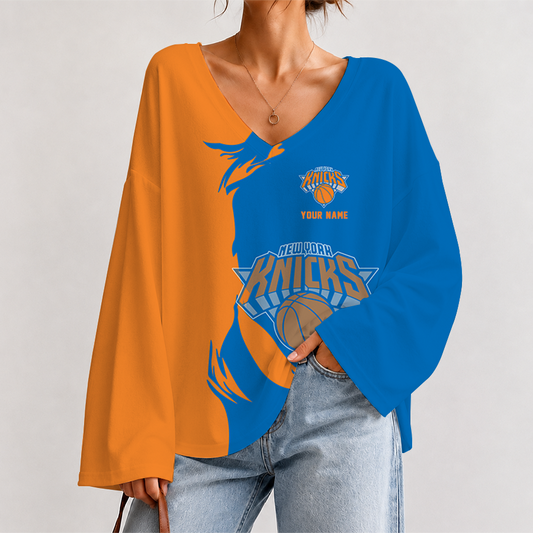 [HOT DEAL] NEW CUSTOMIZED NBA04 NYK NEW YORK KNICKS V-NECK LONG SLEEVED CROP TOP