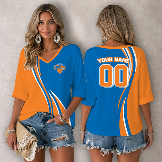 [HOT DEAL] NEW CUSTOMIZED NBA04 NYK NEW YORK KNICKS WOMEN'S HEART V-NECK LONG SLEEVE SHIRT