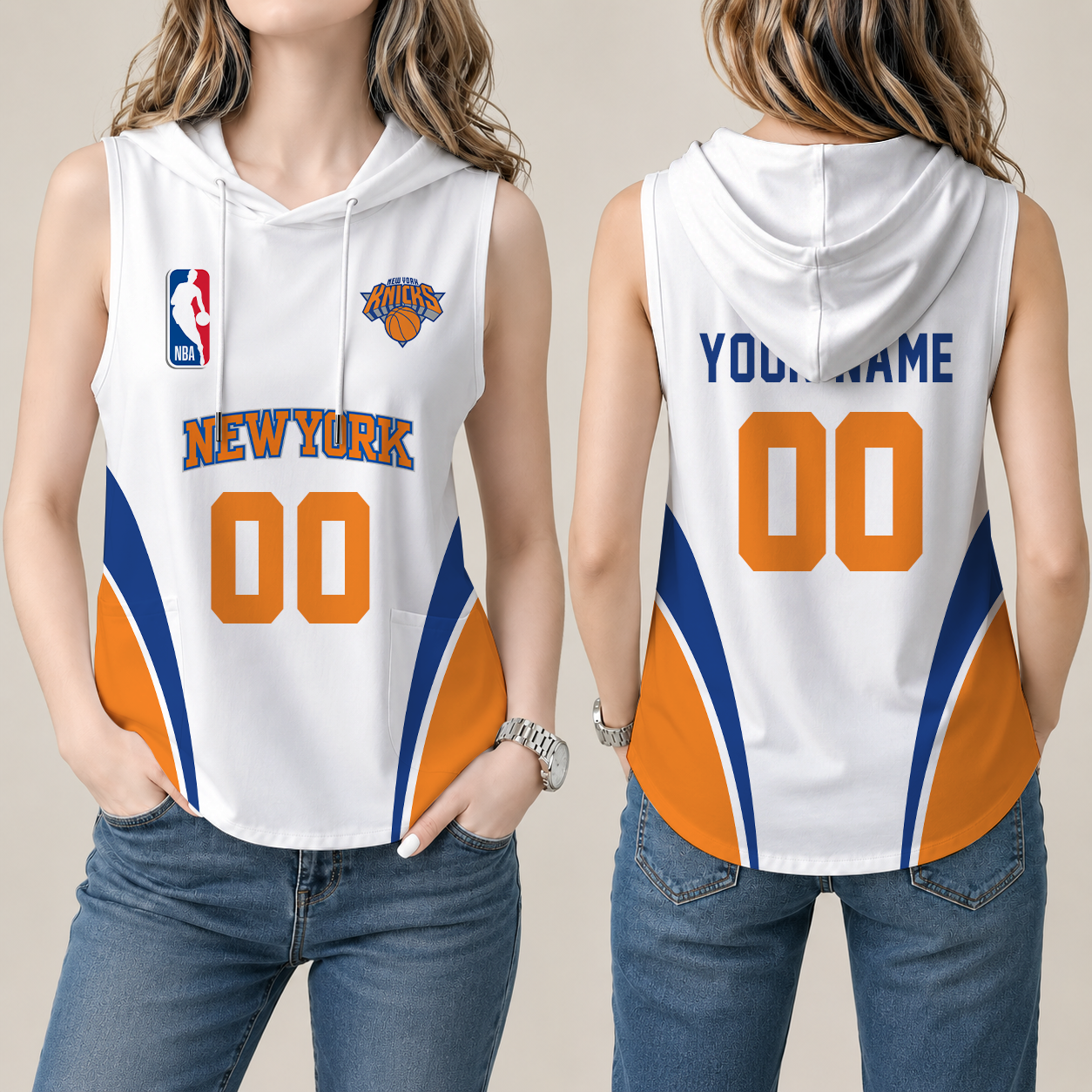 [HOT DEAL] NEW CUSTOMIZED NBA04 NYK NEW YORK KNICKS  WOMEN'S SLEEVELESS HOODED POCKET TANK TOP