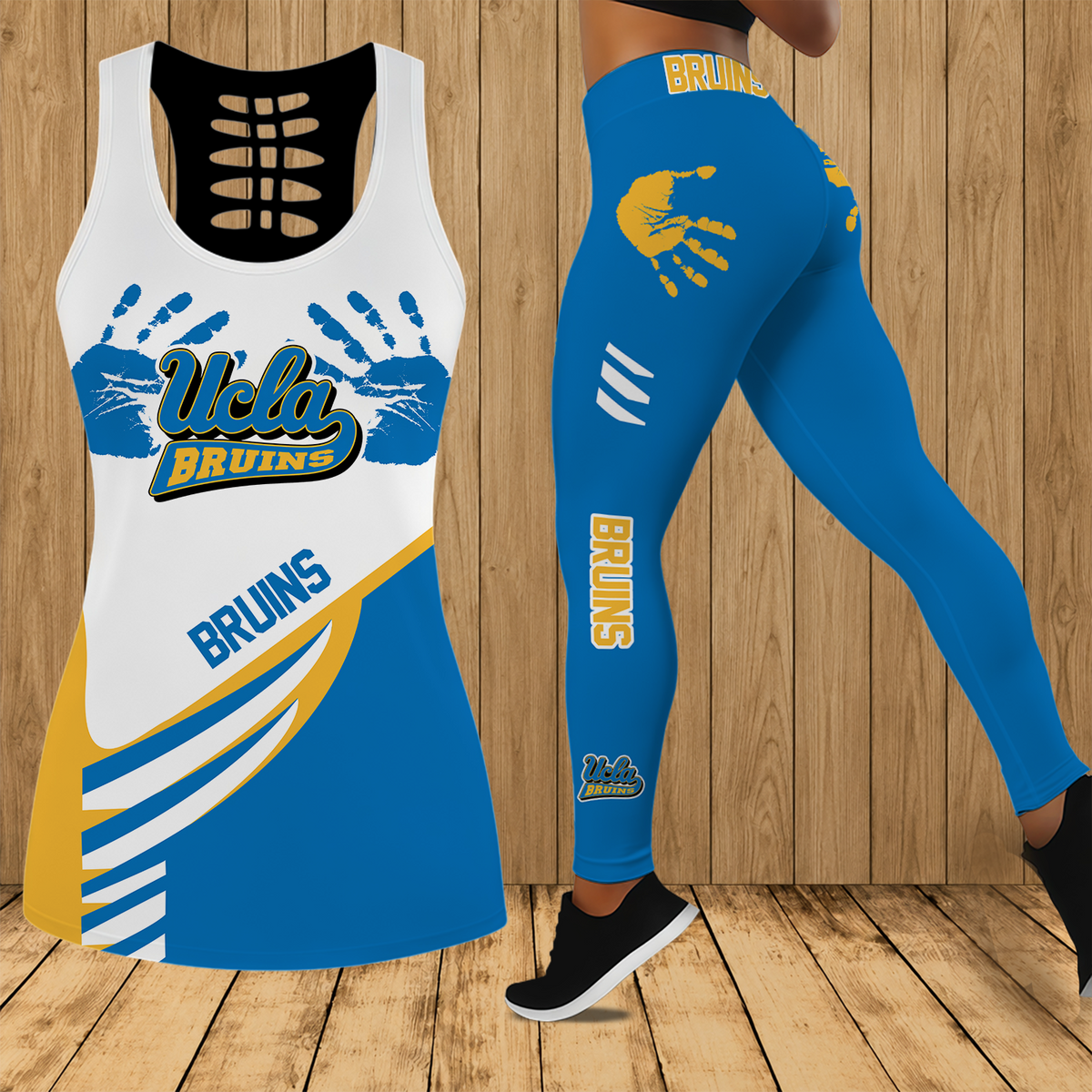 [FAN FAVORITE] NEW CUSTOMIZED NCAA MAM04 UCB UCLA BRUINS STRAPPY HOLLOW TANK TOP & LEGGINGS SET
