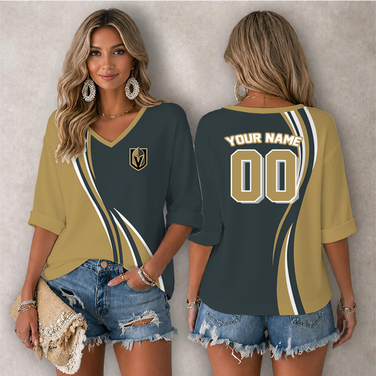 [SUPER SALE] NEW CUSTOMIZED NHL04 VGK VEGAS GOLDEN KNIGHTS WOMEN'S HEART V-NECK LONG SLEEVE SHIRT