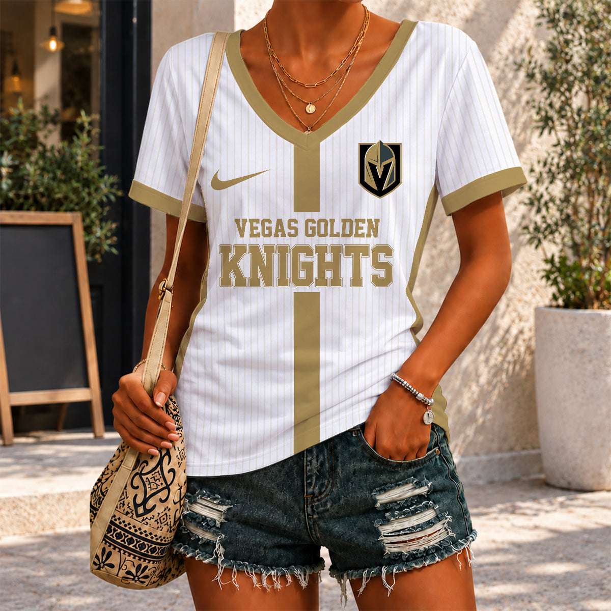[SUPER SALE] NEW CUSTOMIZED NHL04 VGK VEGAS GOLDEN KNIGHTS V-NECK FEMALE SHIRT