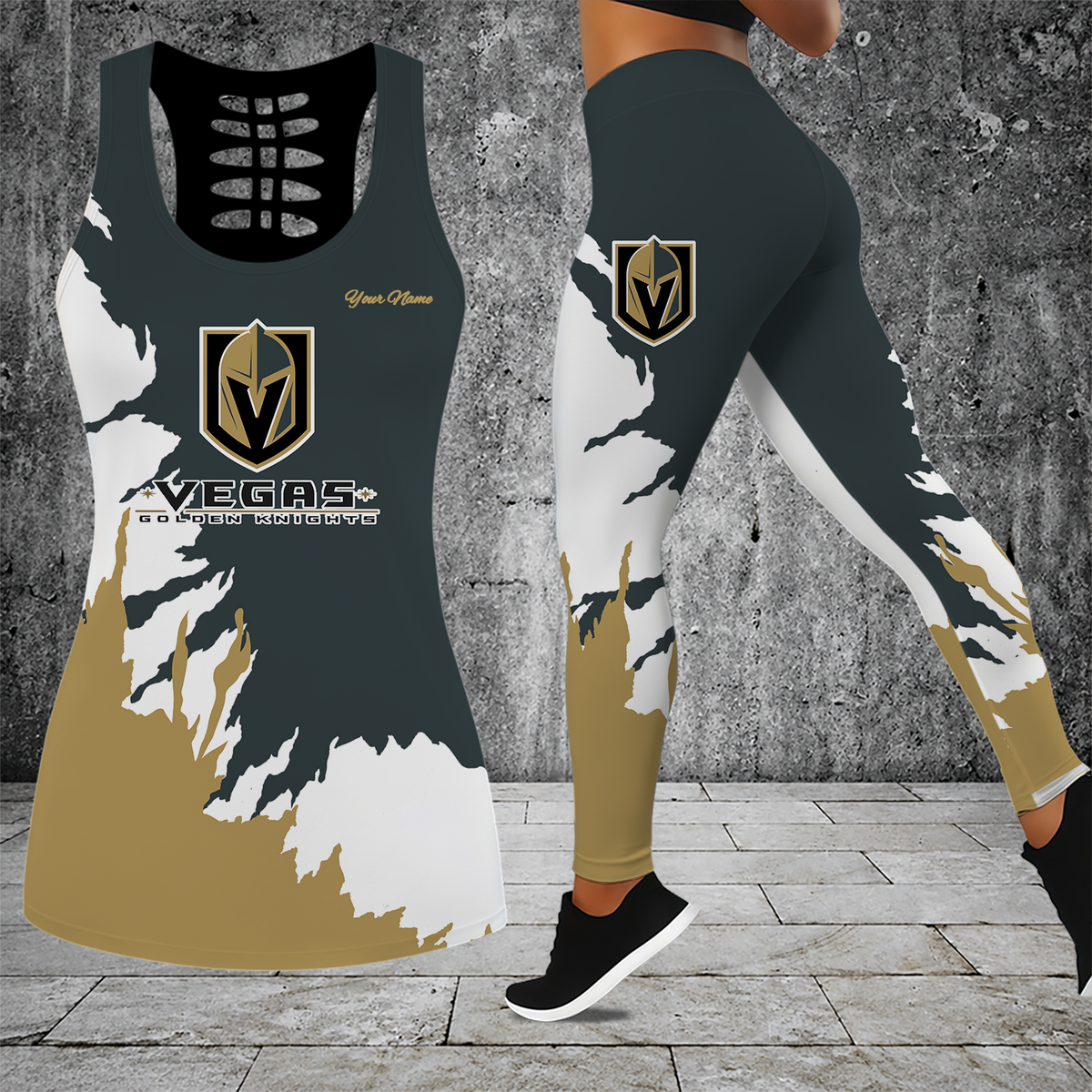 [SUPER SALE] NEW CUSTOMIZED NHL04 VGK VEGAS GOLDEN KNIGHTS HOLLOW TANK TOP & LEGGINGS SET