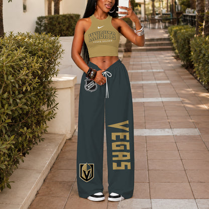 [SUPER SALE] NEW CUSTOMIZED NHL04 VGK VEGAS GOLDEN KNIGHTS WOMEN'S CROP TOP & LONGPANTS SET