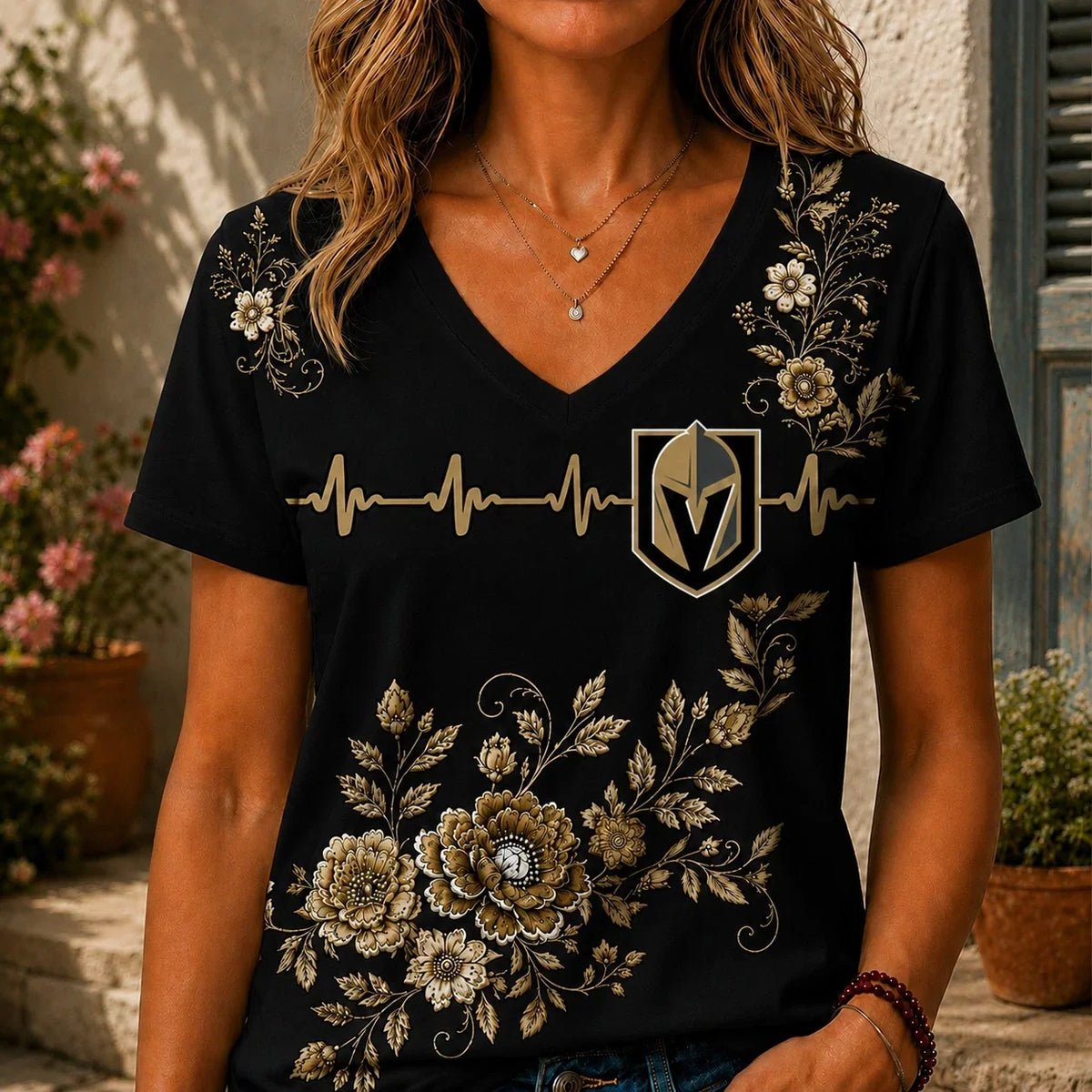 [SUPER SALE] NEW CUSTOMIZED NHL04 VGK VEGAS GOLDEN KNIGHTS V-NECK FEMALE SHIRT