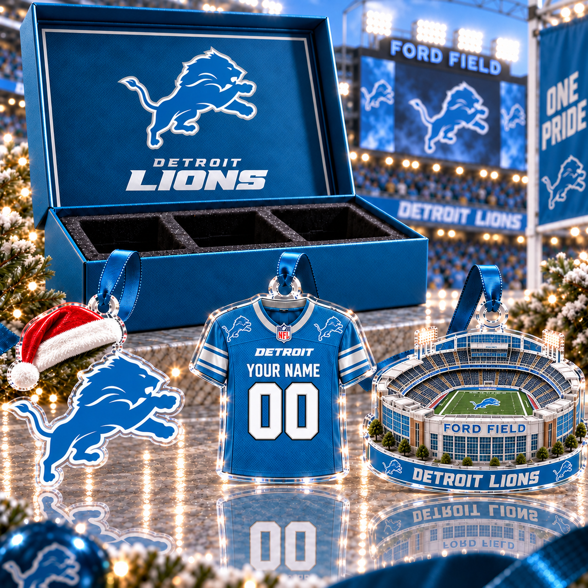 [FULL SET 3 ITEMS - NO BOX] NEW CUSTOMIZED NFL04 DTL DETROIT LIONS CHRISTMAS ACRYLIC ORNAMENT
