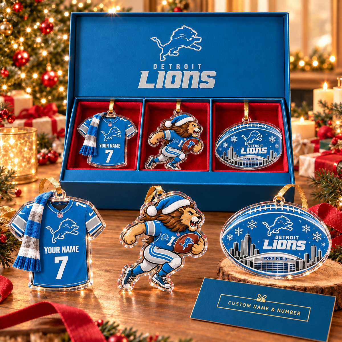 [FULL SET 3 ITEMS - NO BOX] NEW CUSTOMIZED NFL04 DTL DETROIT LIONS CHRISTMAS ACRYLIC ORNAMENT
