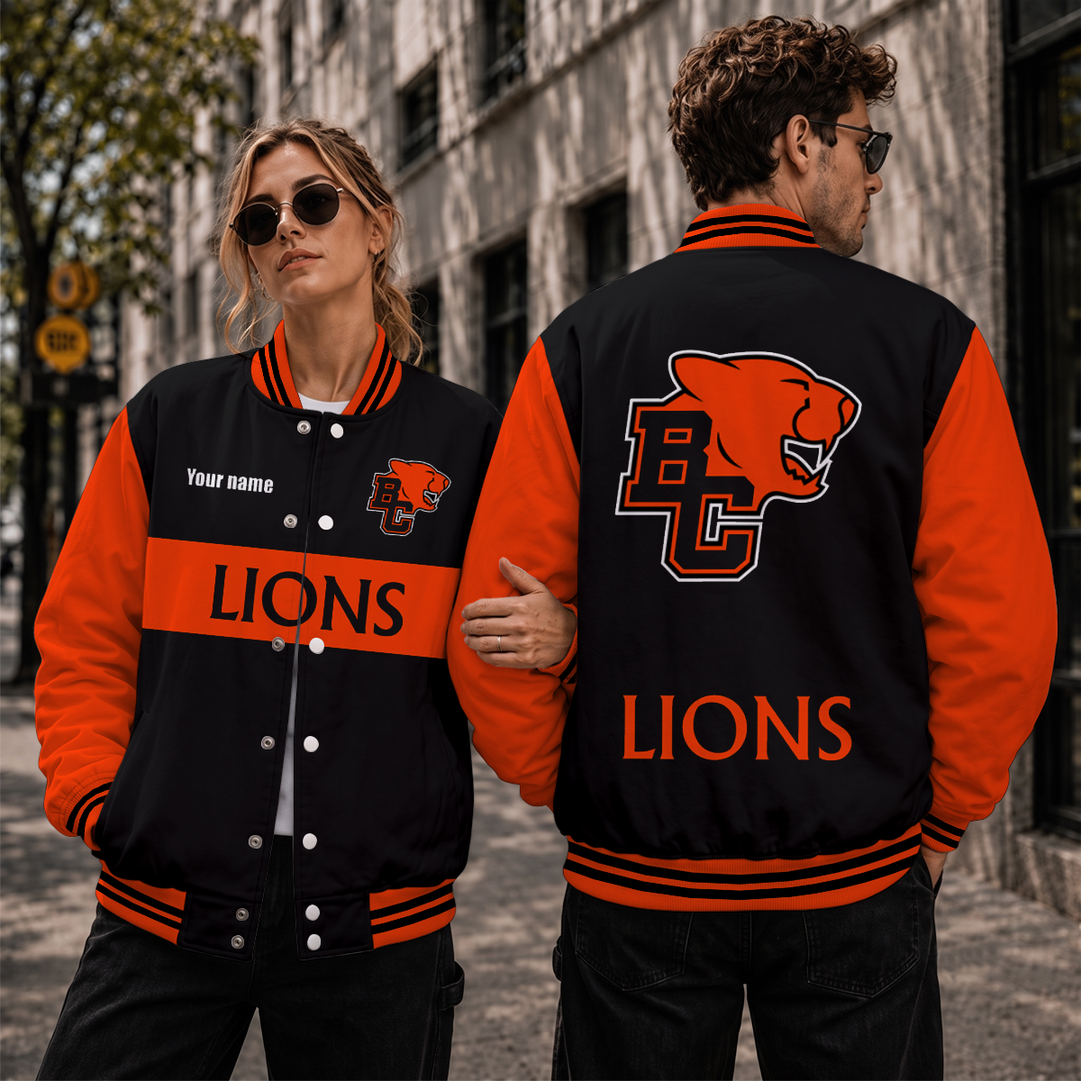 [FAN EXCLUSIVE] NEW CUSTOMIZED CFL05 BCL BC LIONS STRAPPY BASEBALL JACKET, SATIN VARSITY JACKET