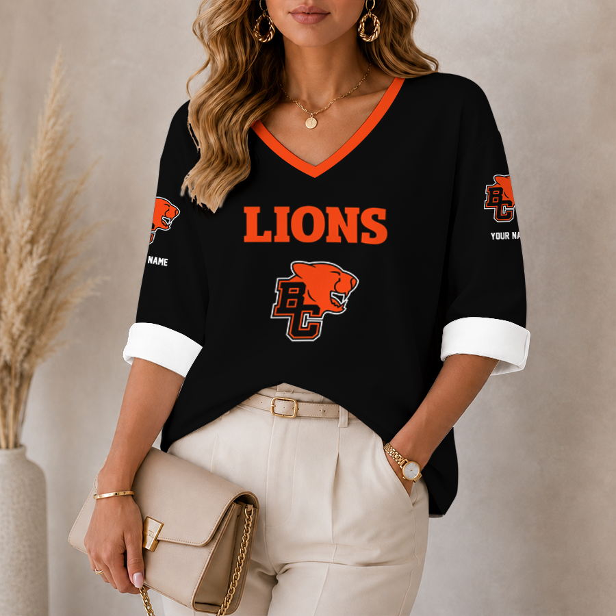 [FAN EXCLUSIVE] NEW CUSTOMIZED CFL05 BCL BC LIONS STRAPPY WOMEN'S HEART V-NECK LONG SLEEVE SHIRT