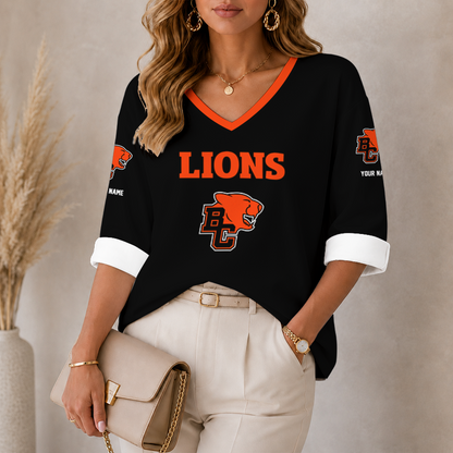 [FAN EXCLUSIVE] NEW CUSTOMIZED CFL05 BCL BC LIONS STRAPPY WOMEN'S HEART V-NECK LONG SLEEVE SHIRT
