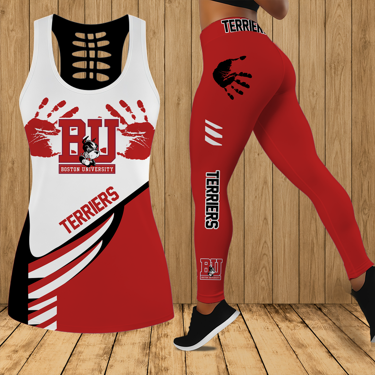 [FAN FAVORITE] NEW CUSTOMIZED NCAA MFF05 BUT BOSTON UNIVERSITY TERRIERS HOLLOW TANK TOP & LEGGINGS SET