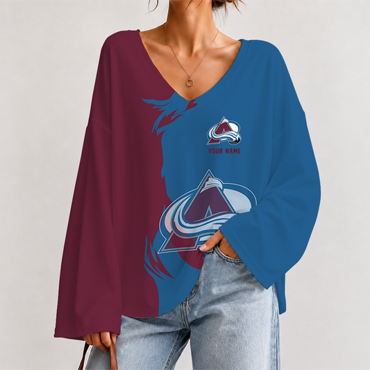 [SUPER SALE] NEW CUSTOMIZED NHL05 CAL COLORADO AVALANCHE V-NECK LONG SLEEVED CROP TOP