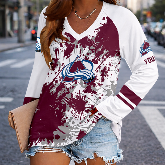 [SUPER SALE] NEW CUSTOMIZED NHL05 CAL COLORADO AVALANCHE WOMEN'S V-NECK LONG SLEEVED SHIRT