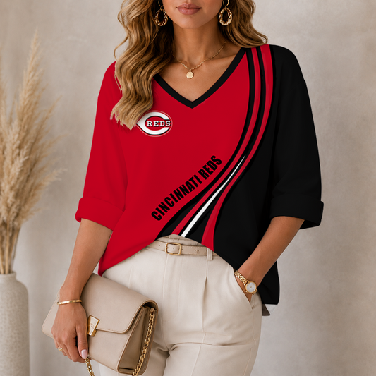[FLASH SALE] NEW CUSTOMIZED MLB05 CRS CINCINNATI REDS WOMEN'S HEART V-NECK LONG SLEEVE SHIRT