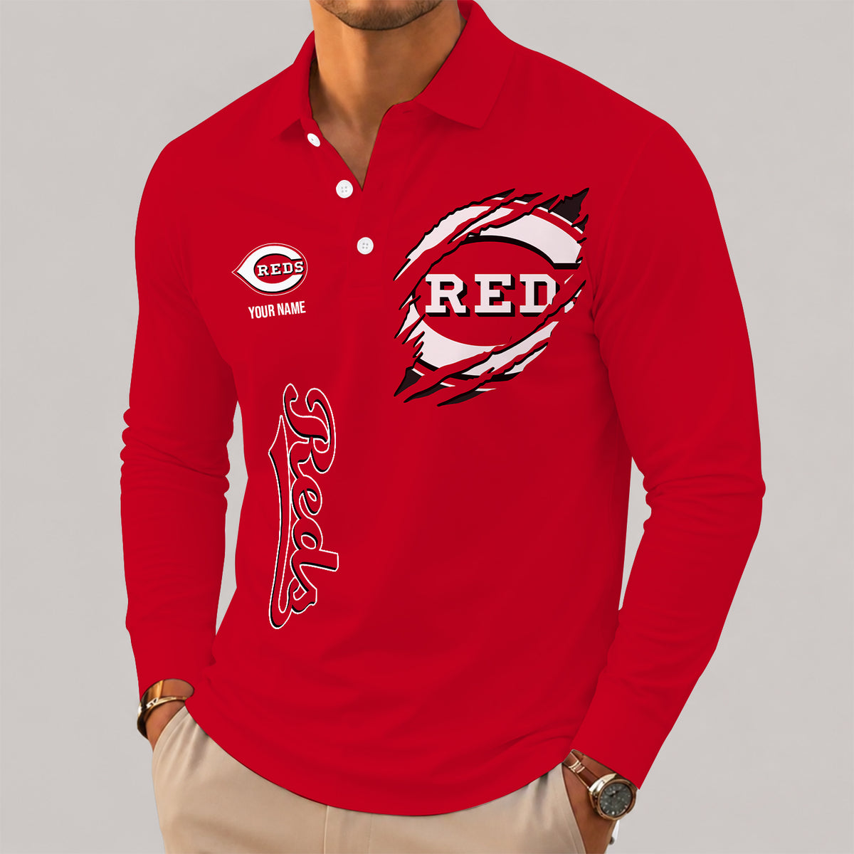 [FLASH SALE] NEW CUSTOMIZED MLB05 CRS CINCINNATI REDS MEN'S LONG SLEEVE POLO