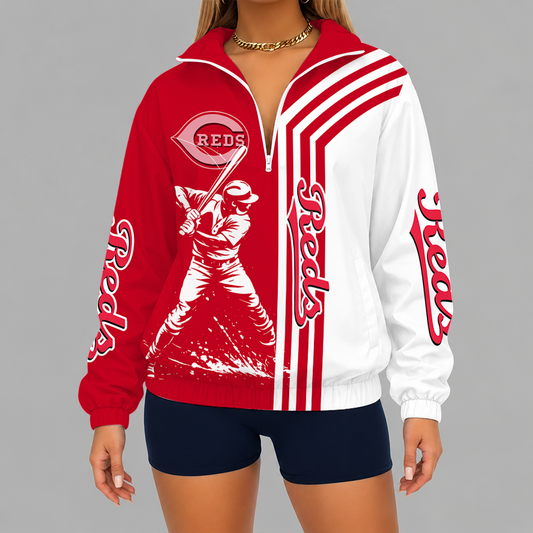 [FLASH SALE] NEW CUSTOMIZED MLB05 CRS CINCINNATI REDS V-NECK ZIPPER SWEATSHIRT JACKET