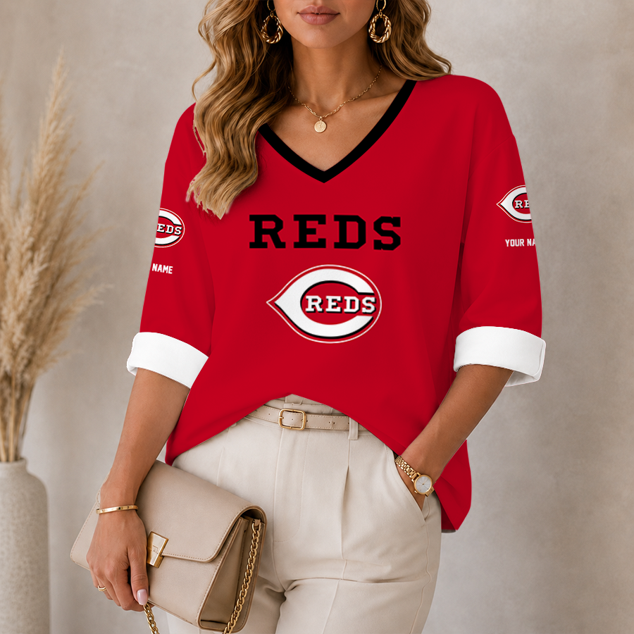 [FLASH SALE] NEW CUSTOMIZED MLB05 CRS CINCINNATI REDS WOMEN'S HEART V-NECK LONG SLEEVE SHIRT