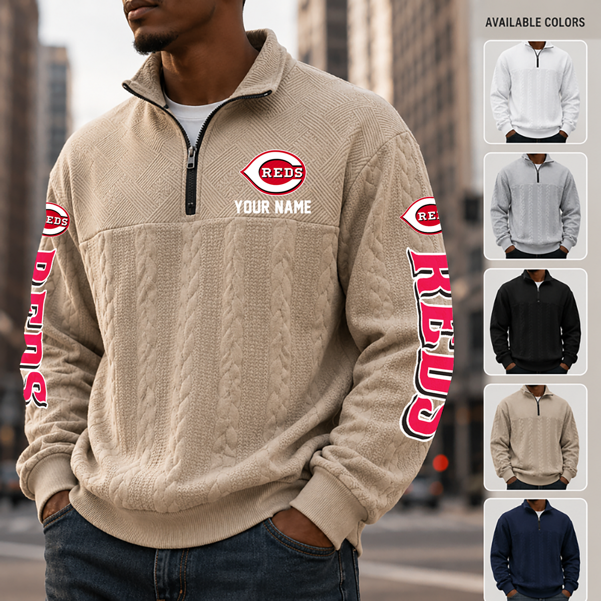 [FLASH SALE] NEW CUSTOMIZED MLB05 CRS CINCINNATI REDS MULTICOLOR QUARTER-ZIP SWEATSHIRT