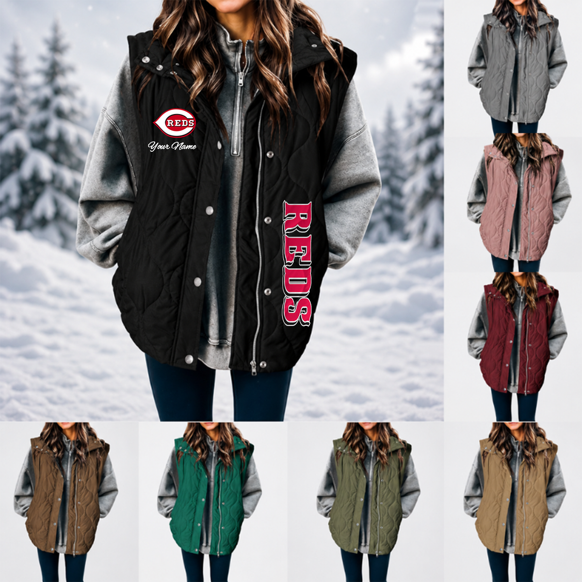 [FLASH SALE] NEW CUSTOMIZED MLB05 CRS CINCINNATI REDS WOMEN'S MULTICOLOR SLEEVELESS PUFFER COAT