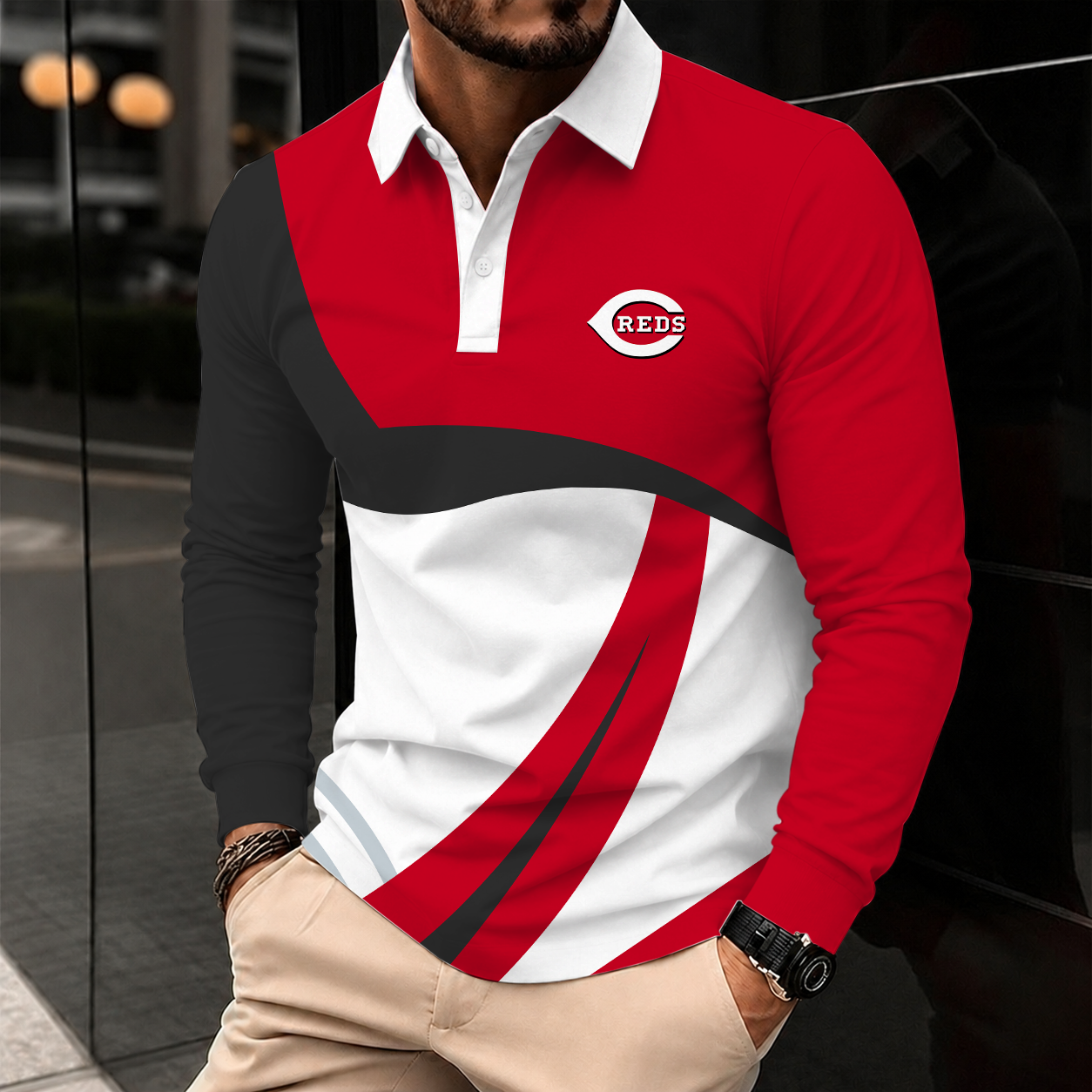 [FLASH SALE] NEW CUSTOMIZED MLB05 CRS CINCINNATI REDS MEN'S LONG SLEEVE POLO
