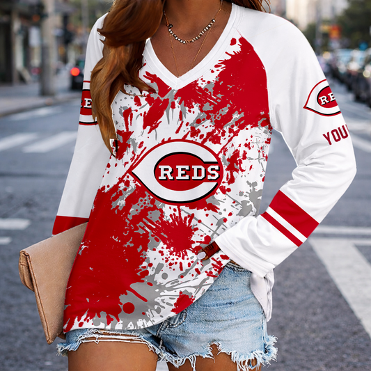 [FLASH SALE] NEW CUSTOMIZED MLB05 CRS CINCINNATI REDS WOMEN'S V-NECK LONG SLEEVED SHIRT