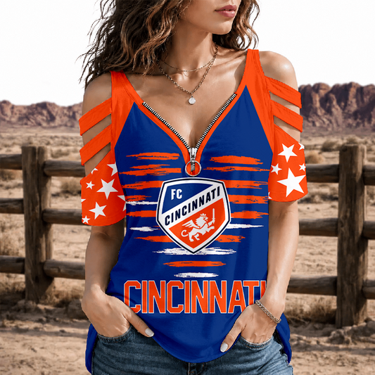 [FAN EXCLUSIVE] NEW CUSTOMIZED MLS05 FCC FC CINCINNATI STRAPPY COLD-SHOULDER TOP