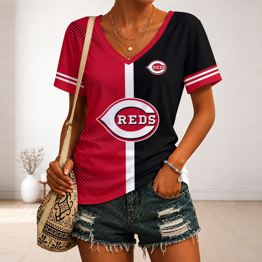 [FLASH SALE] NEW CUSTOMIZED MLB05 CRS CINCINNATI REDS V-NECK FEMALE SHIRT