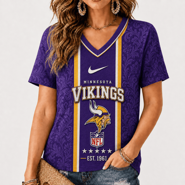 [SPECIAL OFFER] NEW CUSTOMIZED NFL05 MVK MINNESOTA VIKINGS V-NECK FEMALE SHIRT
