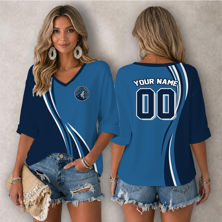 [HOT DEAL] NEW CUSTOMIZED NBA05 MTW MINNESOTA TIMBERWOLVES WOMEN'S HEART V-NECK LONG SLEEVE SHIRT