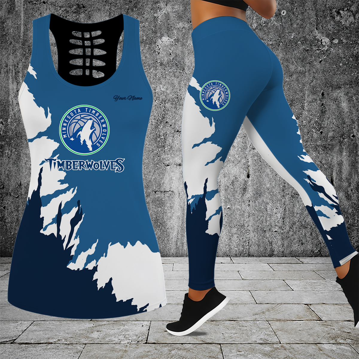 [HOT DEAL] NEW CUSTOMIZED NBA05 MTW MINNESOTA TIMBERWOLVES HOLLOW TANK TOP & LEGGINGS SET