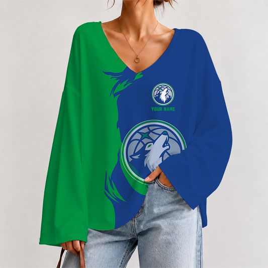 [HOT DEAL] NEW CUSTOMIZED NBA05 MTW MINNESOTA TIMBERWOLVES V-NECK LONG SLEEVED CROP TOP