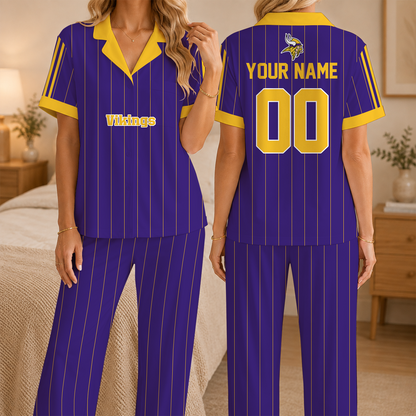 [SPECIAL OFFER] NEW CUSTOMIZED NFL05 MVK MINNESOTA VIKINGS SHORT SLEEVE & LONG PANTS PAJAMAS SET