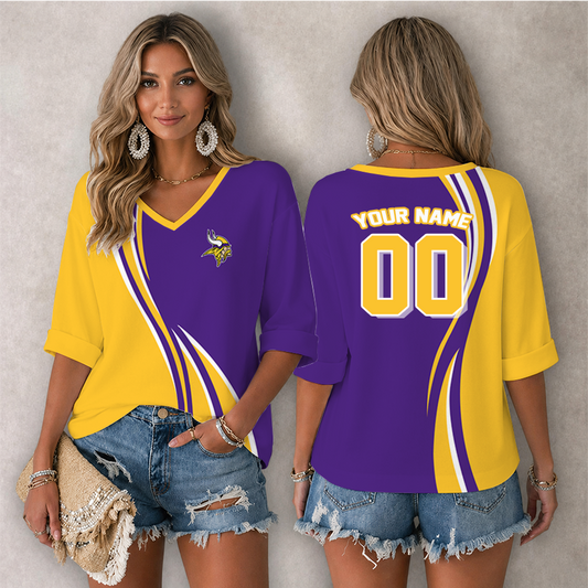 [SPECIAL OFFER] NEW CUSTOMIZED NFL05 MVK MINNESOTA VIKINGS WOMEN'S HEART V-NECK LONG SLEEVE SHIRT