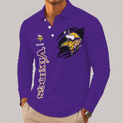 [SPECIAL OFFER] NEW CUSTOMIZED NFL05 MVK MINNESOTA VIKINGS LONG SLEEVE POLO SHIRT