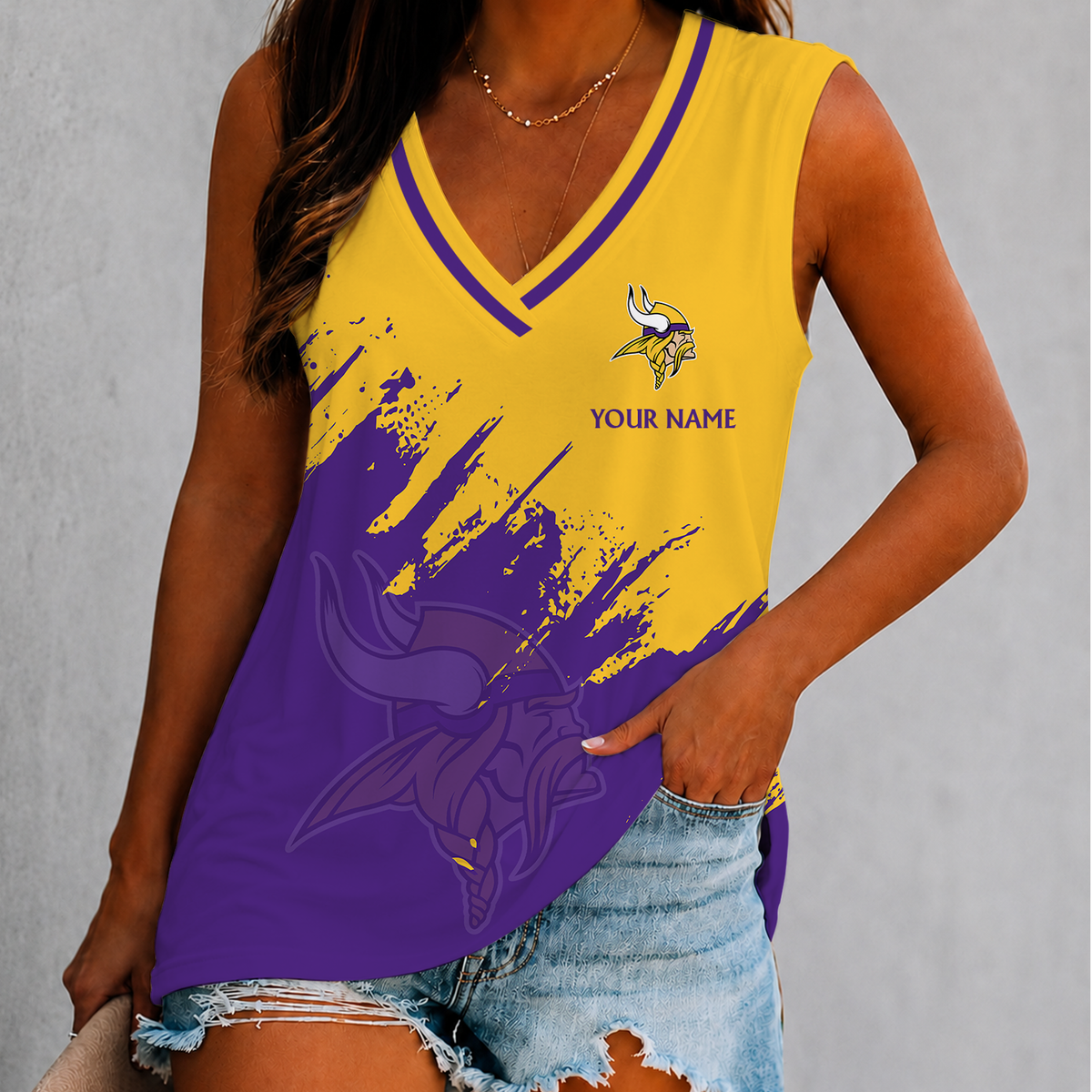 [SPECIAL OFFER] NEW CUSTOMIZED NFL05 MVK MINNESOTA VIKINGS WOMEN'S V-NECK TANK TOP