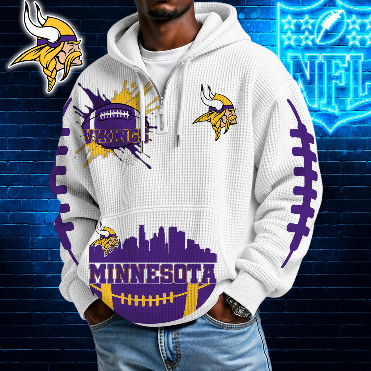 [SPECIAL OFFER] NEW CUSTOMIZED NFL05 MVK MINNESOTA VIKINGS WAFFLE FULL ZIP HOODIE