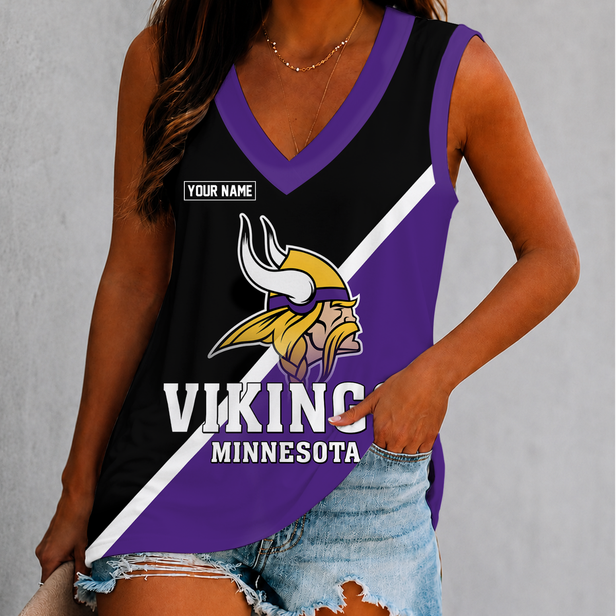 [SPECIAL OFFER] NEW CUSTOMIZED NFL05 MVK MINNESOTA VIKINGS WOMEN'S V-NECK TANK TOP
